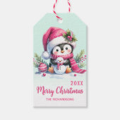 Mint Green en Pink Fun Penguin Kerstmis Cadeaulabel (Voorkant)