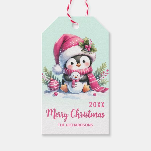 Mint Green en Pink Fun Penguin Kerstmis Cadeaulabel (Voorkant)