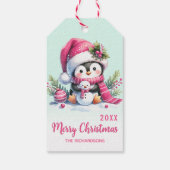 Mint Green en Pink Fun Penguin Kerstmis Cadeaulabel (Achterkant)