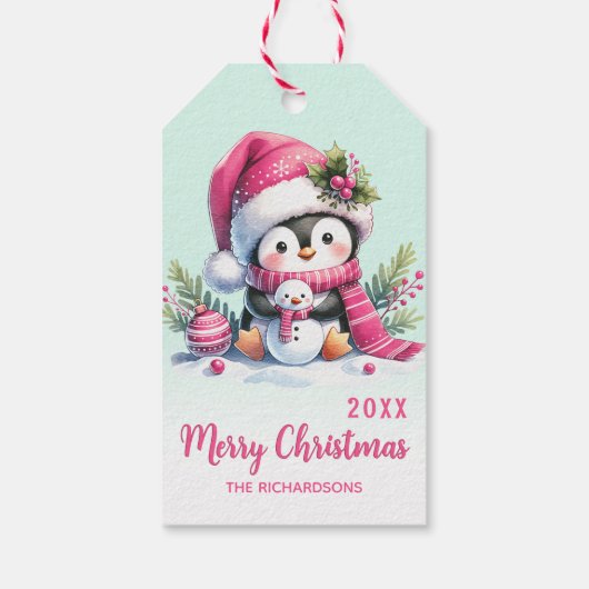 Mint Green en Pink Fun Penguin Kerstmis Cadeaulabel (Achterkant)