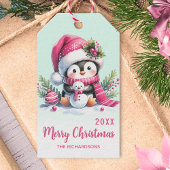 Mint Green en Pink Fun Penguin Kerstmis Cadeaulabel