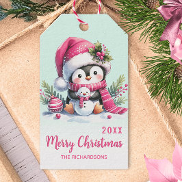 Mint Green en Pink Fun Penguin Kerstmis Cadeaulabel