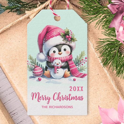 Mint Green en Pink Fun Penguin Kerstmis Cadeaulabel