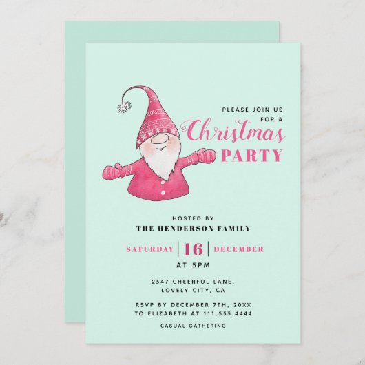 Mint Green en Roze Schattigee Gnome Kerstmis Kaart (Voorkant / Achterkant)