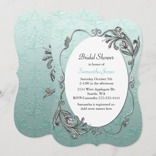 Mint Green en Silver Bridal Shower Invitation Kaart (Voorkant / Achterkant)