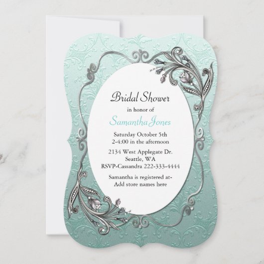 Mint Green en Silver Bridal Shower Invitation Kaart (Voorkant)
