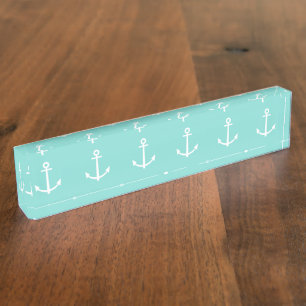 Mint Green en White Anchors Pattern 1 Naambordje