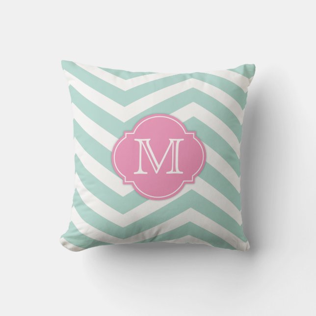 Mint Green en White Chevron Pattern met monogram Kussen (Voorkant)