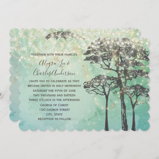 Mint Green Fairy Lights Woodsy Wedding Invitation Kaart (Voorkant / Achterkant)