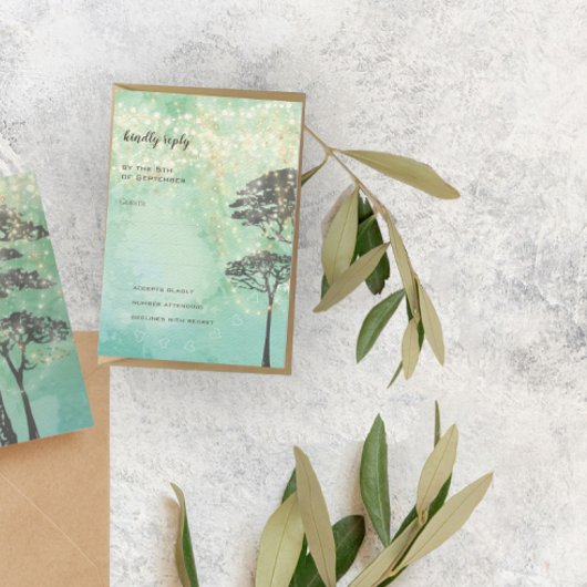 Mint Green Fairy Lights Woodsy Wedding RSVP Kaart