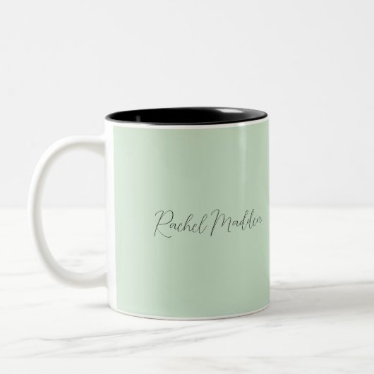 Mint Green Feminine Minimalist Script Custom Name Tweekleurige Koffiemok (Links)