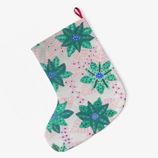 Mint Green Festive Floral Print Grote Kerstsok (Achterkant (Hangend))