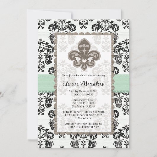 Mint Green Fleur de Lis Bridal Shower-uitnodiginge Kaart (Voorkant)