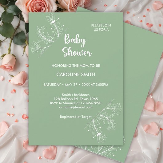 Mint Green Floral Baby shower Kaart