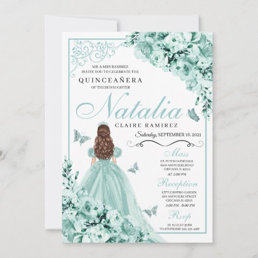 Mint Green Floral Butterflies Quinceanera Kaart (Voorkant)