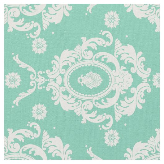 Mint Green Floral Damask Pattern Fabric Stof (Close Up)