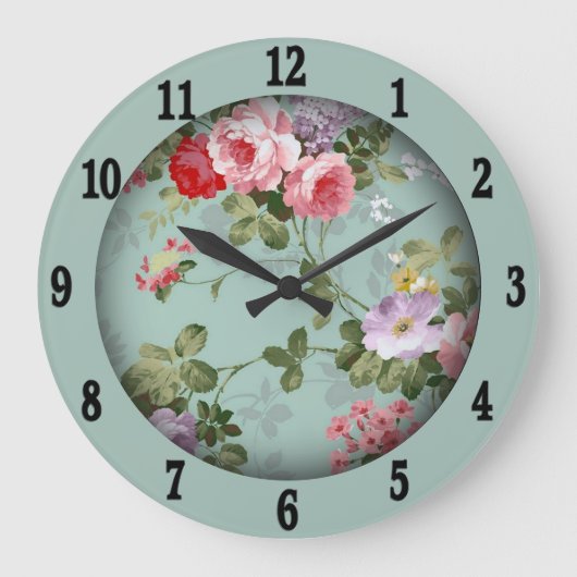 Mint Green Floral Design Large Clock Grote Klok (Voorkant)