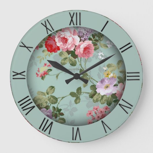  Mint Green Floral Design Roman Numeriek Grote Klok (Voorkant)