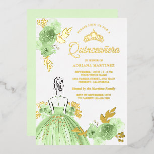 Mint Green Floral Dress Princess Quinceanera Gold Folie Uitnodiging