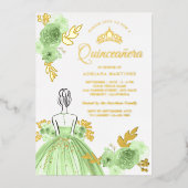 Mint Green Floral Dress Princess Quinceanera Gold Folie Uitnodiging (Voorkant)