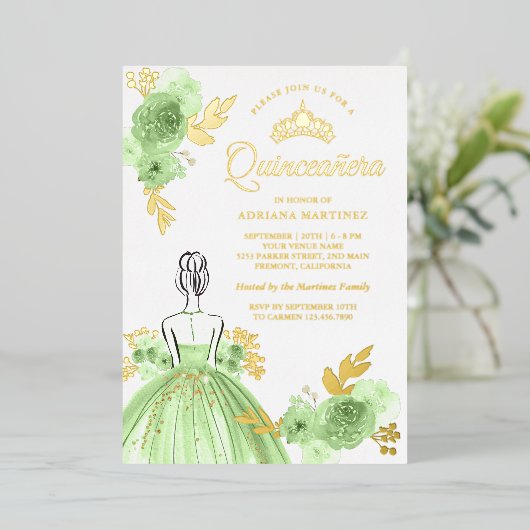 Mint Green Floral Dress Princess Quinceanera Gold Folie Uitnodiging (Staand Voorkant)