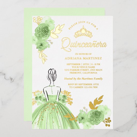Mint Green Floral Dress Princess Quinceanera Gold Folie Uitnodiging (Voorkant / Achterkant)