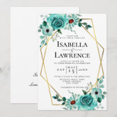 Mint Green Floral Gold Lijst Elegant Wedding Kaart (Voorkant / Achterkant)