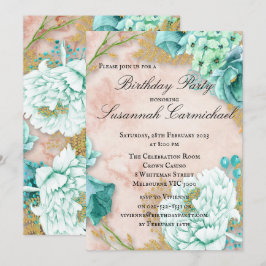 Mint Green Floral Lijst, roze Waterverf Birthday Kaart