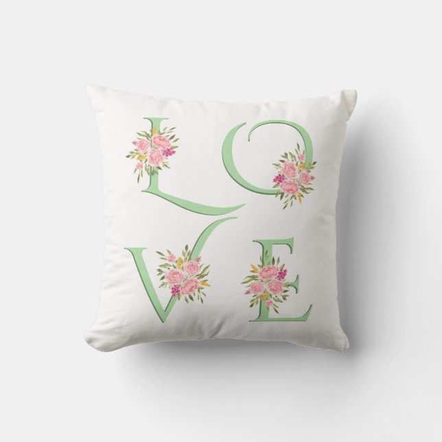 Mint green floral Love typography Valentines Day Kussen (Voorkant)
