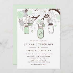 Mint Green Floral Mason Jars Wedding Invitation Kaart