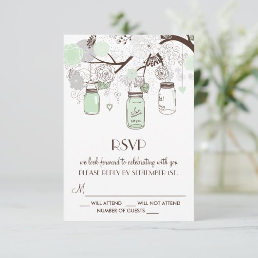 Mint Green Floral Mason Jars Wedding RSVP Kaart (Staand voorkant)