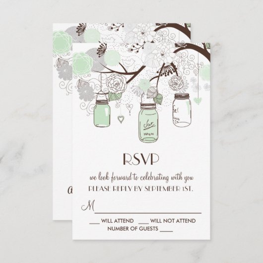 Mint Green Floral Mason Jars Wedding RSVP Kaart (Voorkant / Achterkant)