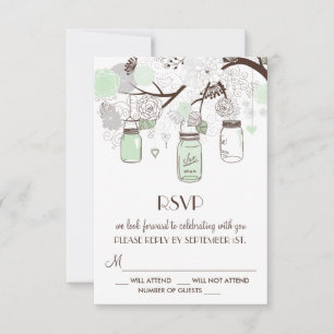 Mint Green Floral Mason Jars Wedding RSVP Kaart