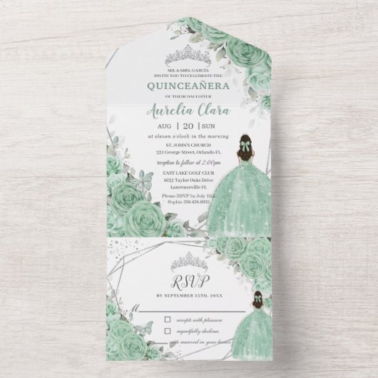 Mint Green Floral Princess Zilver Quinceañera 16 All In One Uitnodiging (Binnen)