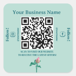 Mint Green Floral QR Code Marketing Vierkante Sticker