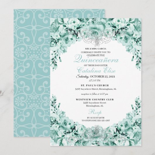 Mint Green Floral Quinceanera Birthday Kaart (Voorkant / Achterkant)