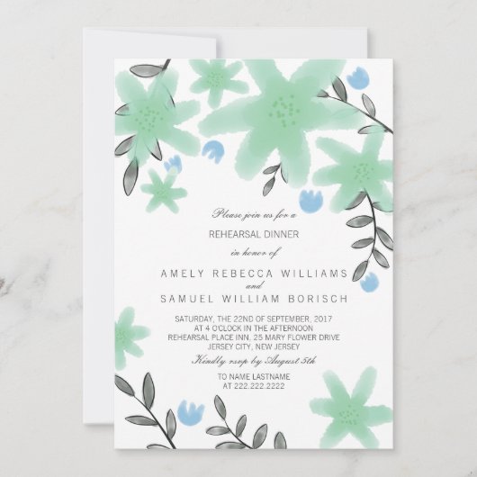 Mint Green Floral Rehearsal Dinner Invite Kaart (Voorkant)