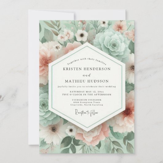 Mint Green Floral Romance Wedding Kaart (Voorkant)