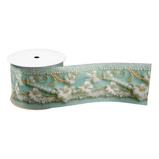 Mint Green Floral Satijnen Lint (Spoel)