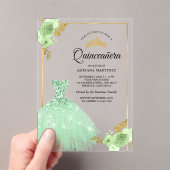 Mint Green Floral Sparkle Dress Gold Quinceanera Acryl Uitnodigingen (Insitu (Draagbaar))