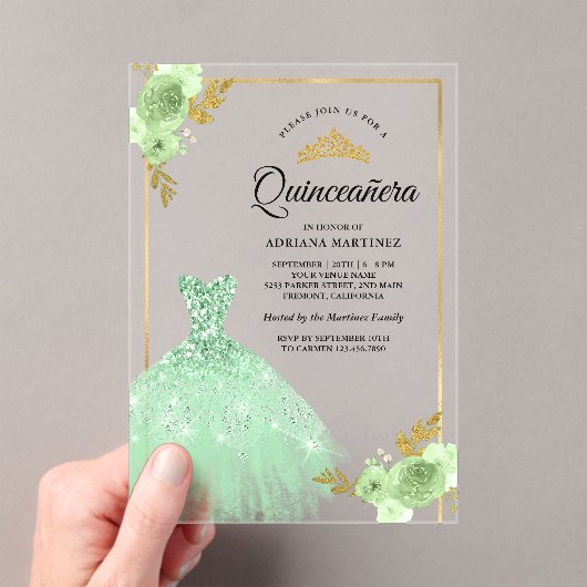 Mint Green Floral Sparkle Dress Gold Quinceanera Acryl Uitnodigingen (Insitu (Draagbaar))