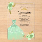 Mint Green Floral Sparkle Dress Gold Quinceanera Acryl Uitnodigingen