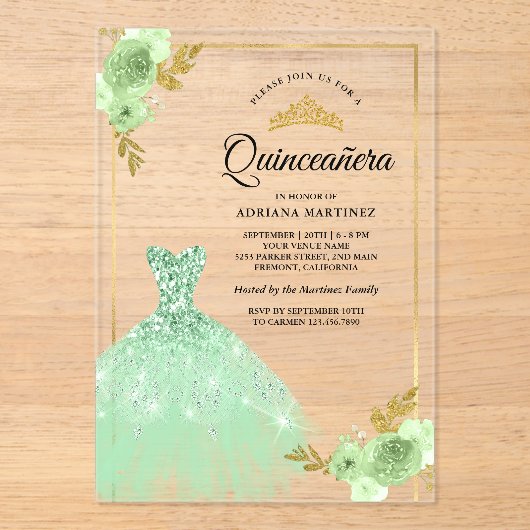 Mint Green Floral Sparkle Dress Gold Quinceanera Acryl Uitnodigingen (Voorkant)