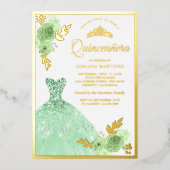 Mint Green Floral Sparkle Dress Quinceanera Gold Folie Uitnodiging (Voorkant)