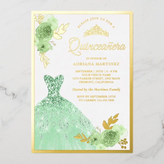 Mint Green Floral Sparkle Dress Quinceanera Gold Folie Uitnodiging (Voorkant)