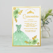 Mint Green Floral Sparkle Dress Quinceanera Gold Folie Uitnodiging (Staand Voorkant)