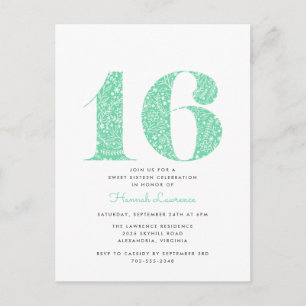 Mint Green Floral Sweet 16 Birthday Invitation Briefkaart