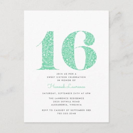Mint Green Floral Sweet 16 Verjaardag Uitnodiging (Voorkant)
