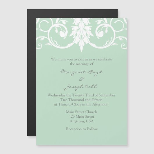 Mint Green Floral Swirls Magnetic Wedding Invitae Magnetische Uitnodiging (Voorkant / Achterkant)