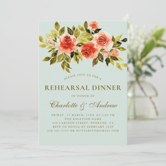 Mint Green Floral Waterverf Rehearsal Dinner Kaart (Staand voorkant)